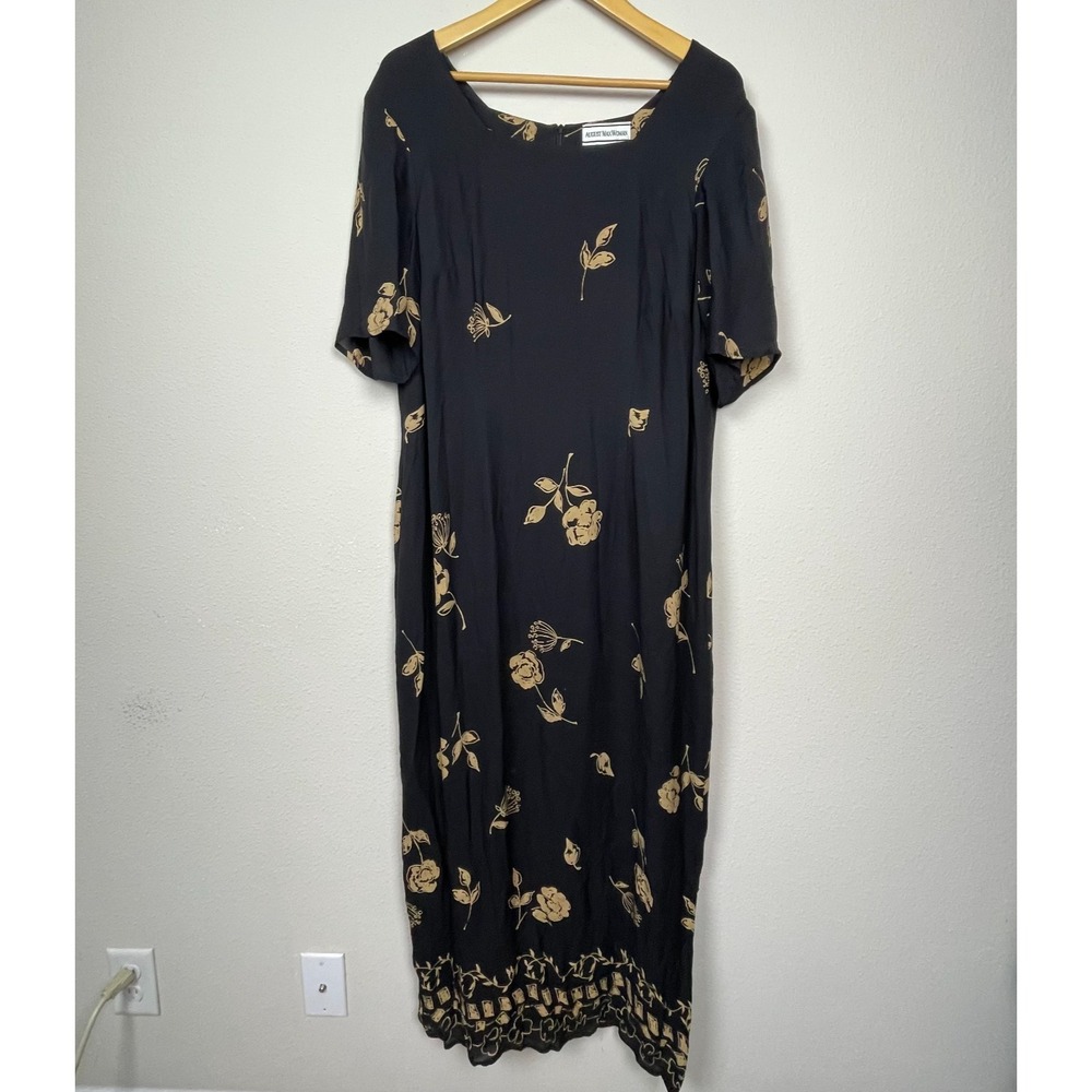 August Max Woman 14W‎ Silk Maxi Dress Black Tan Floral Flutter Sleeve
